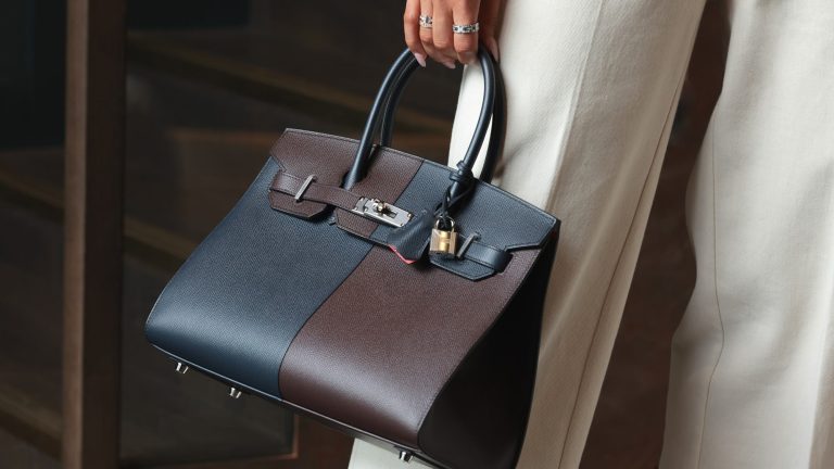 Two-tone Hermès Birkin handbag held by its handles