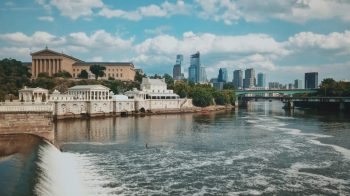 Illustrative Philadelphia skyline and Fairmount Water Works beside the Schuylkill River